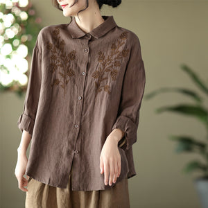 Áo sơ mi linen dài tay cổ đức thêu hoa đối xứng - NU6676