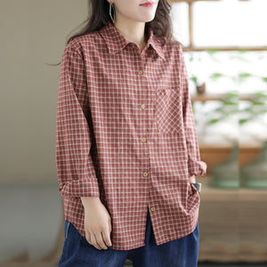 Áo sơ mi linen dài tay cổ đức kẻ sọc caro một túi vuông - NU7688
