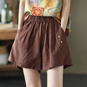 Quần sooc linen lưng thun thêu dây leo đính khuy - NU6959