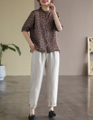 Áo sơ mi linen ngắn tay cổ pipi in hoa lá  - NU6834