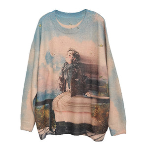 Áo len cashmere dài tay cổ tròn in cô gái - NU7777