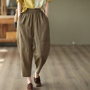 Quần baggy linen lưng thun kiểu đai đính khuy - NU7335