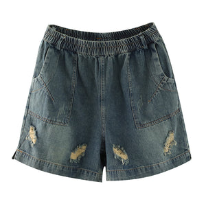 Quần sooc denim lưng thun túi vuông kiểu sờn rách - NU7119