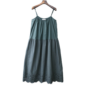 Đầm liền linen hai dây form xòe thêu hoa lá - NU6941