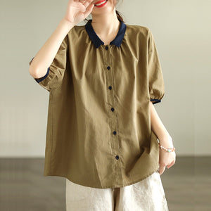 Áo sơ mi linen ngắn tay xếp li cổ pipi - NU7242