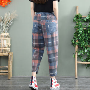 Quần baggy denim retro lưng thun kẻ sọc caro - NU8205