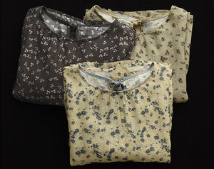 Áo T-shirt linen ngắn tay cổ tròn thắt nơ sau in hoa lá - NU7406