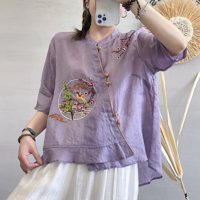 Áo sơ mi linen ngắn tay cổ tàu khuy tròn thêu chim phượng hoàng - NU7172