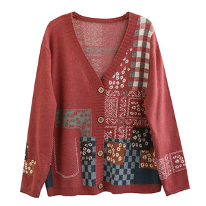 Áo khoác len cashmere dài tay cổ V hoa văn trừu tượng - NU7722