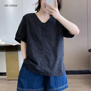 Áo sơ mi ngắn tay cổ V in hoa lá chìm - NU8362
