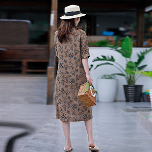 Đầm liền linen ngắn tay cổ V xếp ly khuy tròn in hoa lá - NU8437