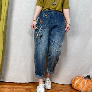Quần baggy denim lưng thun thêu vòng tròn chữ - NU7206