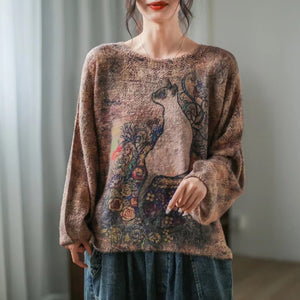 Áo len cashmere dài tay vườn hoa và chú mèo - NU7731