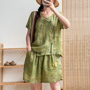 Bộ đồ gồm áo sơ mi ngắn tay khuy tàu và quần sooc in hoa liti - NU7210
