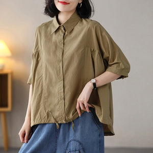 Áo sơ mi ngắn tay cổ đức vạt mullet dây rút - NU7560
