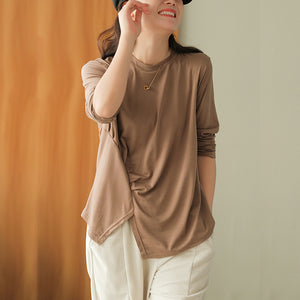 Áo T-shirt dài tay cổ tròn xẻ tà xếp ly - NU6603