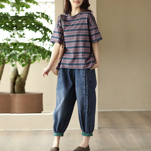 Áo T-shirt ngắn tay cổ tròn kẻ sọc - NU8453