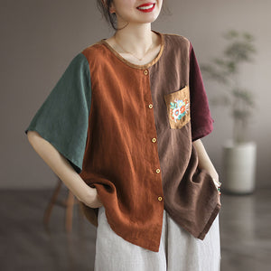 Áo sơ mi linen ngắn tay cổ tròn mảng màu thêu hoa trước túi - NU7053