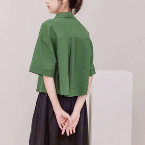 Áo sơ mi linen ngắn tay cổ sen nhọn hai túi vuông - NU7511