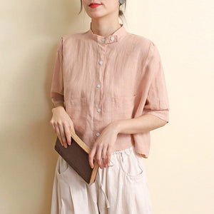 Áo sơ mi linen ngắn tay cổ đứng hai túi vuông  - NU7418