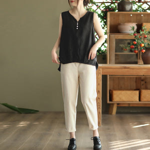 Áo T-shirt linen sát nách cổ V kiểu xếp ly - NU8406