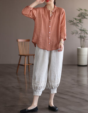 Quần baggy linen lưng thun ống túm thêm hoa lá - NU6990