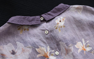 Áo sơ mi linen ngắn tay cổ pipi khuy cài sau in hoa lá - NU7407