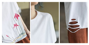 Áo T-shirt ngắn tay cổ tròn thêu hoa trừu tượng - NU8349