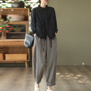 Quần baggy linen lưng thun caro túi khuy bấm - NU8410