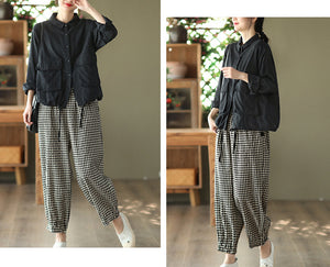 Quần baggy linen lưng thun caro túi khuy bấm - NU8410