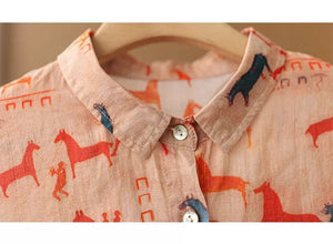 Áo sơ mi linen dài tay cổ đức in những chú ngựa - A916
