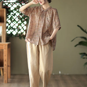 Áo sơ mi linen ngắn tay khuy cài cổ pipi in hoa lá một túi nhỏ - NU6953