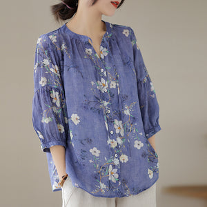 Áo sơ mi linen tay lửng cổ tròn cột dây in hoa lá - NU8533