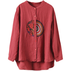 Áo sơ mi linen dài tay cổ tàu thêu hoa văn retro trước ngực - NU6708