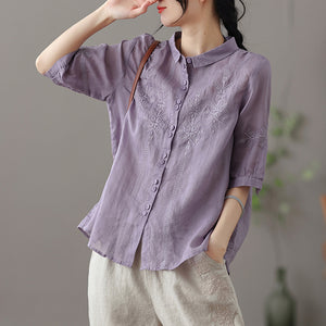 Áo sơ mi linen ngắn tay cổ pipi thêu những bông tuyết đối xứng - NU7182