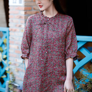 Đầm liền linen ngắn tay cổ tròn xếp ly in hoa liti - NU8275