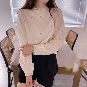 Áo sơ mi dài tay cổ tròn thêu hoa lá - NU8162