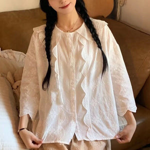 Áo sơ mi linen Morigirl dài tay thêu hoa lá đính ren  - NU8320