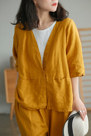Áo sơ mi linen ngắn tay cổ V form rộng - NU5582