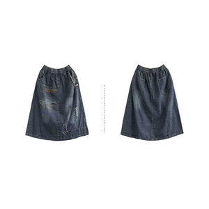 Chân váy denim lưng thun thêu hai chú mèo - V005