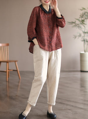 Áo sơ mi linen tay lửng cổ pipi đơn sắc in hoa liti - NU6996