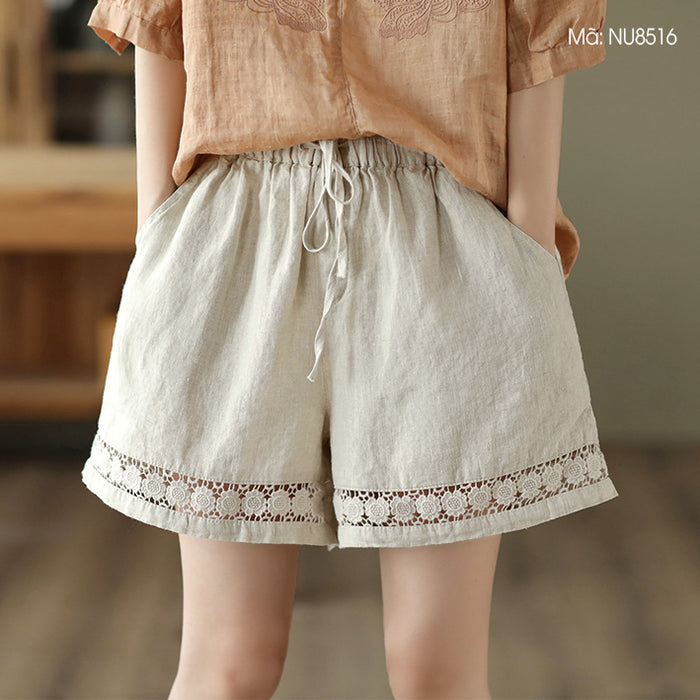 Quần sooc linen lưng thun dây rút thêu hoa cúc - NU8513