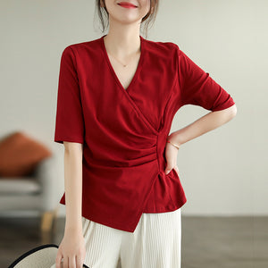 Áo T-shirt ngắn tay cổ V vạt chéo xếp ly - NU8303