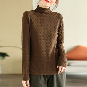 Áo T-shirt len cashmere dài tay cổ lọ kiểu ô vuông - NU7964
