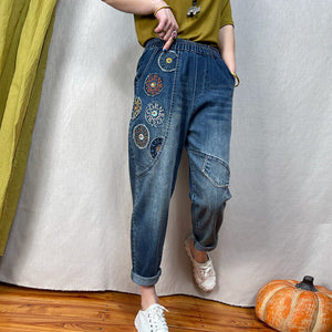 Quần baggy denim lưng thun thêu vòng tròn chữ - NU7206