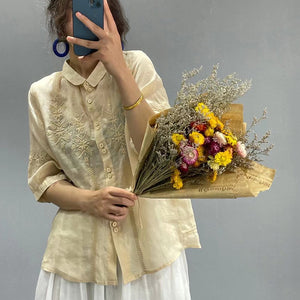 Áo sơ mi linen ngắn tay cổ pipi thêu những bông tuyết đối xứng - NU7182
