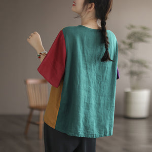 Áo sơ mi linen ngắn tay cổ tròn mảng màu thêu hoa trước túi - NU7053