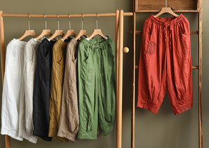 Quần baggy linen lưng thun dây rút thêu hoa hồng - NU7324