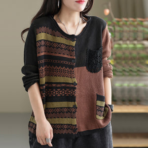 Áo khoác len cashmere dài tay cổ tròn hoa văn trừu tượng hai túi - NU7767