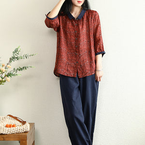 Áo sơ mi linen tay lửng cổ pipi đơn sắc in hoa liti - NU6996